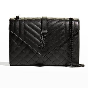 Triquilt Medium YSL Monogram Grain de Poudre V Flap Satchel Bag - Black Hardware